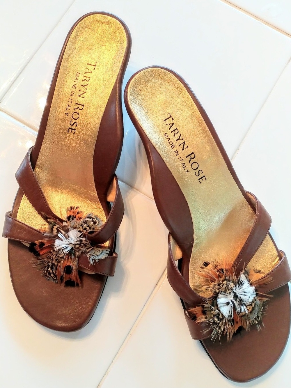 Taryn Rose Brown Leather Slide Mules with Feather Pom Detail